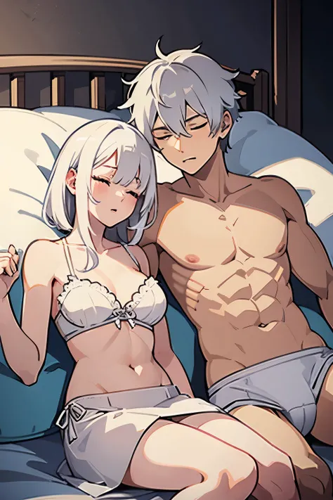 Girl with white hair, sitting next to a white-haired boy on the bed, both of them laying in their SFW attire, she wearing a white bra and white panties, he with defined abs, the bedroom scene exuding a cozy, morning ambiance, the white-haired brother closi...