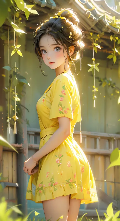 anime portrait picture of a beautiful cute teen girl in a lonely meadow, wearing flowery short yellow color swirly frock, attrac...