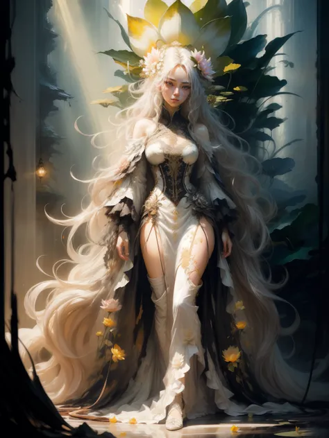 oil painting, brush strokes, paint splashes, colorful, masterpiece, best quality, ultra detailed wallpaper, 1 beautiful fairy, white semitransparent short dress, long curly hair, , ((light passing through hair:1.3)), (high contrast, official art, extreme d...