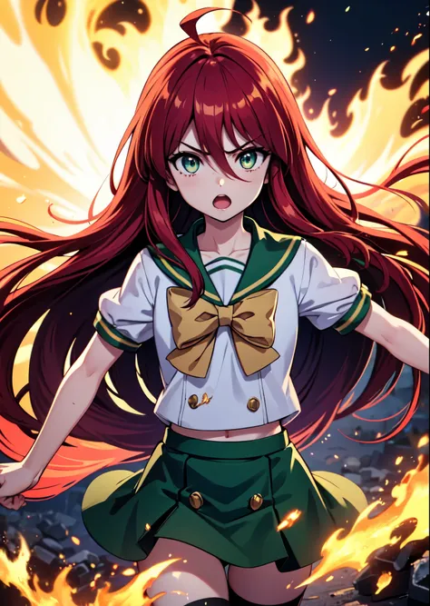 1 girl, cowboy shot, rubble ruins, anger, (battle preparation:1.2), open your mouth, (night:1.2), explosive inflammation,shana, red eyes, redhead, very long hair, hair between eyes, (Ahoge:1.1), , school uniform, serafuku, white shirt, short sleeve, green ...