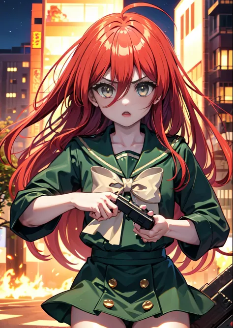 1 girl, cowboy shot, rubble ruins, anger, (battle preparation:1.2), open your mouth, (night:1.2), explosive inflammation,shana, red eyes, redhead, very long hair, hair between eyes, (Ahoge:1.1), , school uniform, serafuku, white shirt, short sleeve, green ...