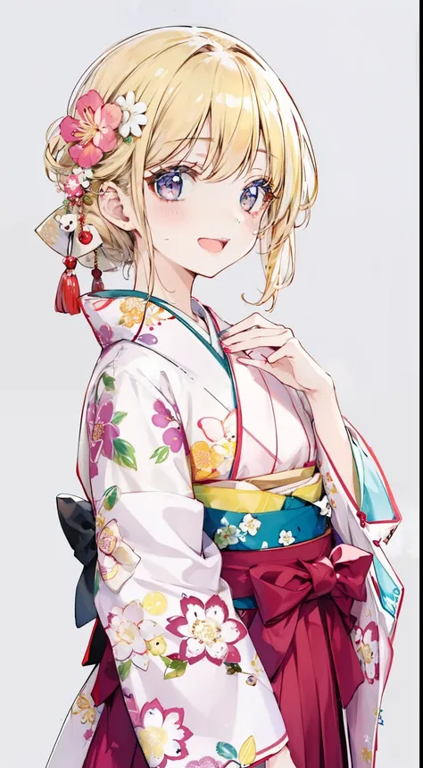 High resolution、An illustration、1 girl、beautiful face、cute、white background、2D、Hakama、pink floral kimono、水色のHakama、No bangs、Forehead exposed、Upper body、gal、(wheat-colored skin:1.2)、Makeup、blonde hair、pink lipstick、laughing、graduation ceremony、black eyes、