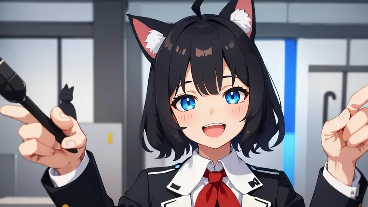 looking at the viewer, 1 girl, open your mouth, smile, Virtual YouTuber、with a girl、((highest quality, expensive_solve, clear_image)),(black hair), (black cat ears), (Ahoge), (ridiculously short hair), (wavy hair), (blue eyes),、laughter、very big breasts,Dr...