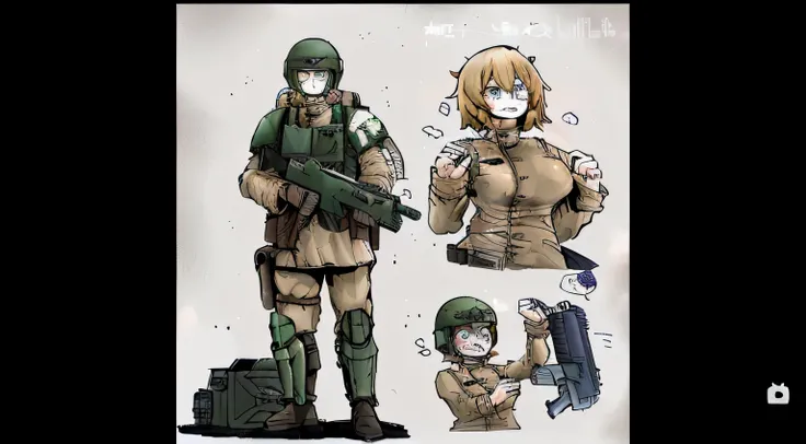 Anime character holding a gun and a woman in military uniform, mechanized Soldier girl, infantry girl, Soldiers, Soldier girl, militaristic!!!, realistic Soldiers, empire team, From Metal Gear Solid, ready to fight, , Kushat Konzi, color concept art, infan...