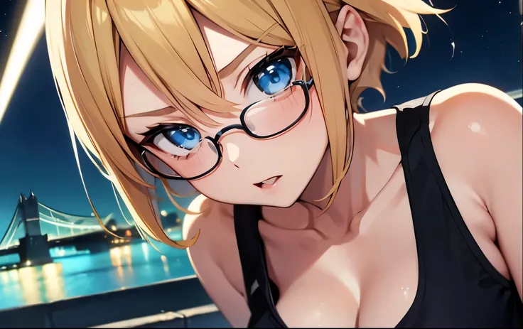 High resolution, 2D anime style,,Blue eyes beautiful eyes,high and beautiful nose,thin face,blonde boyish short hair,cool adult woman,chest is a little big,She looks very happy,bite&#39;lips, she was very angry, she wears glasses,she narrows her eyes,Fashi...