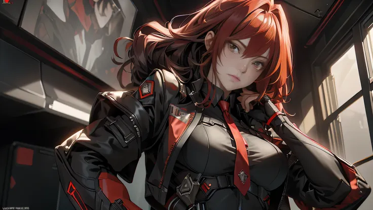 ((Best quality)), ((masterpiece)), (detailed:1.4), 3D, an image of a beautiful cyberpunk female, long burning red hair, burning hair, light brown eyes, red Barret, Black Soldier Shirt, Black under cloth, black panty, Grenade belt, Big chest, Big thigh, Hig...