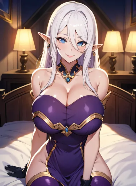 Lian, long white hair, long elf ears, hair stick, bangs, blue eyes, solo, smiling, standing, upper body, hips, bare shoulders,purple thighhighs,violet dress, gold jewelry,armor,gloves,circlet, cleavage, red and gold royal castle, gigantic breasts, (best qu...