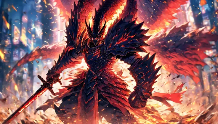 4K,illustration: A legendary warrior holding a huge sword, dragon knight, Attack with a huge sword