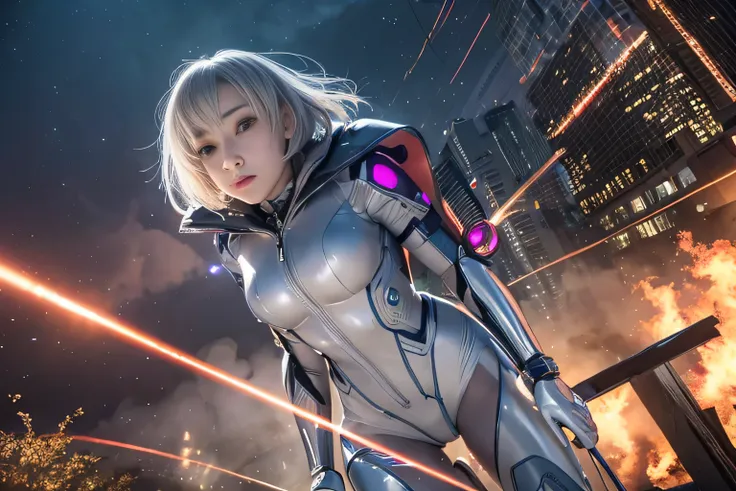 RAW image quality, best image quality, movie lighting, octane rendering, super sharp, 1 girl, Japanese, 16 years old, troubled face, glowing skin, fugitive, (running figure:1.4), silver hair, short bob hair, Full body white pilot suit:1.3, cyber punk, Nigh...