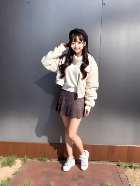 An early 50&#39;s girl posing for a photo wearing a plaid skirt and white jacket, 🚿🗝📝, Chiho, full_body!!, sakimichan, 🍂 cute, full body!!, clothes pictures, shikamimi, by Yasutomo Oka, beast, full body! cute face, 8k)), cute style