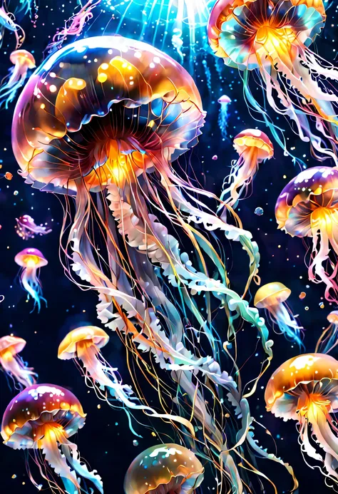 星の海の中を泳ぐ半透明のjellyfishを描きます,digital art,fantasy,beautiful星雲の背景,rich colors,colorfulな呪文を唱える,flash,とてもflash,さらにflash,ほのかに光るjellyfish,light from below,beautiful光と影,Magic,dream-like,Inspiration,pleura,beautiful,rendering,colorful,wonderful,particles of light,be...