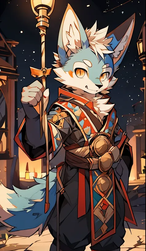 Shota,hairy,Lovely,charming,blue fur,white ears,white eyebrows,yellow eyes,magical，Wear magic robes，Crystal in hand，Broad-eared fox，