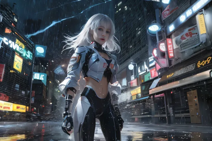 (RAW image quality:1.4), best image quality, movie lighting, octane rendering, super sharp, 1 girl, Japanese, 16 years old, troubled face, glowing skin, fugitive running away, (run as fast as possible), silver hair, short bob hair, Full body white pilot su...