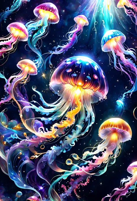 星の海の中を泳ぐ半透明のjellyfishを描きます,digital art,fantasy,beautiful星雲の背景,rich colors,colorfulな呪文を唱える,flash,とてもflash,さらにflash,ほのかに光るjellyfis...