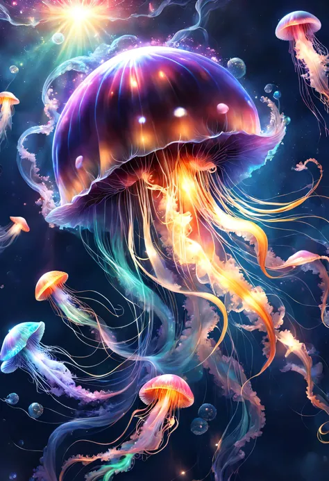 星の海の中を泳ぐ半透明のjellyfishを描きます,digital art,fantasy,beautiful星雲の背景,rich colors,colorfulな呪文を唱える,flash,とてもflash,さらにflash,ほのかに光るjellyfis...