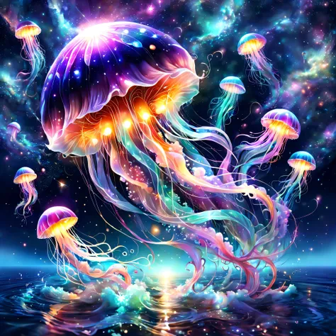 Draw a translucent jellyfish swimming in a sea of stars,digital art,fantasy,beautiful星雲の背景,rich colors,colorfulな呪文を唱える,flash,とてもflash,さらにflash,A faintly glowing jellyfish,light from below,beautiful光と影,Magic,dream-like,Inspiration,pleura,beautiful,rendering...
