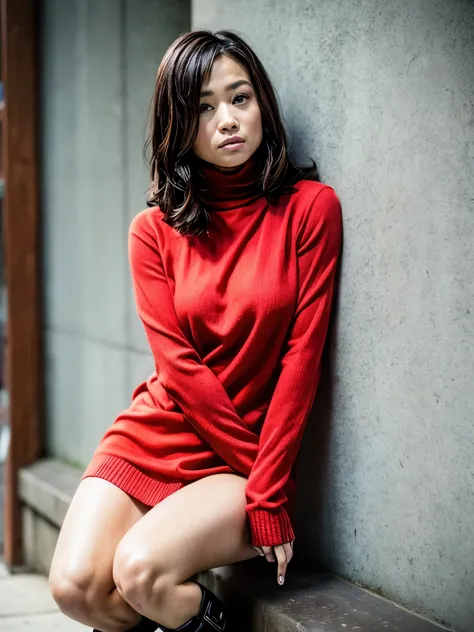 Japanese、Alphafie woman sitting on a fence wearing a red sweater and black boots, 34 year old female, wearing a red turtleneck sweater, set up perfectly, casual pose, wearing red clothes, attractive pose, shot from the side, thoughtful pose, full body shot...