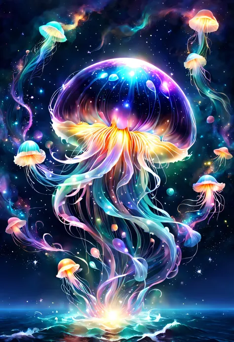 draw a translucent jellyfish swimming in a sea of stars,digital art,fantasy,beautiful星雲の背景,rich colors,colorfulな呪文を唱える,flash,とても...