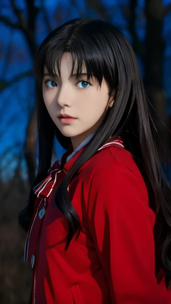 anime girl with long black hair and blue eyes in red coat, rin tohsaka, anime style like fate/stay night, close up iwakura lain,...