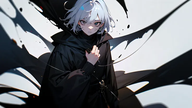 young boy, pure black eyes, wearing black clothing, surrounded by dark void, dark magic, black eyes, white pupils with black sclera, black magic, black surroundings, black ink, ink, black veins, black
