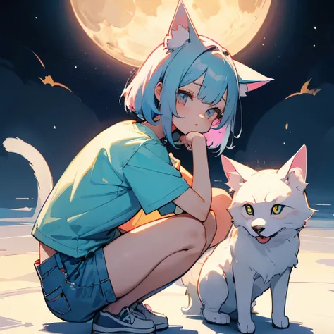 pastel colourWolf美女、pastel colourのTシャツ、denim shorts、pastel colourのスニーカー、pastel colour、pastel colour緑色の髪、cat pose、squatting down、medium hair eyes open、combing one&#39;s hair、colorful space、big full moon、Wolf、pastel colourのWolf少女、背景にbig full moon