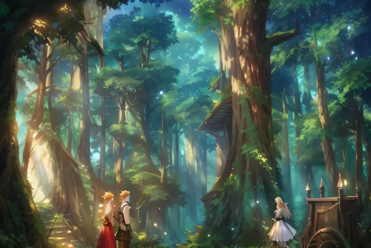 Anime scene of a man and a woman in the forest, Elf forest background, 2. 5D CGI anime fantasy artwork, steampunk forest background, Anime Landscape Concept Art, Detailed digital 2D fantasy art, fairy tale kingdom forest, anime background art, anime lush j...