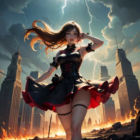 On the battlefield of storms,A woman dressed in a Lolita outfit uses a weapon with the power of the fire element..(( Lightning danced next to her.)), It reflects the strength of her determination.，Because she embodies the power of nature&#39;s power in bat...