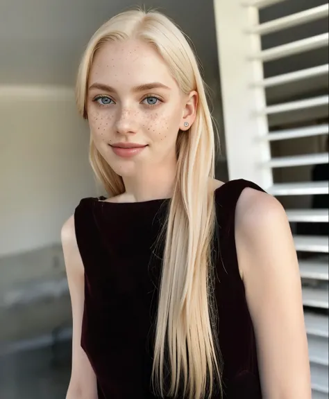 mulher, americana, 25 anos, pale skin and freckles, olhos cinzas, nariz delicado, soft and delicate lips, Cabelo blondie cinza longo e ondulados, sorriso meigo