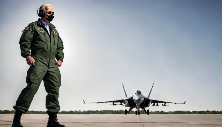 "Create a striking image of President Joe Biden dressed in full pilot gear, standing proudly in front of a fighter jet. The image should convey the Presidents authority and determination, with a sense of strength and confidence radiating from him. The view...