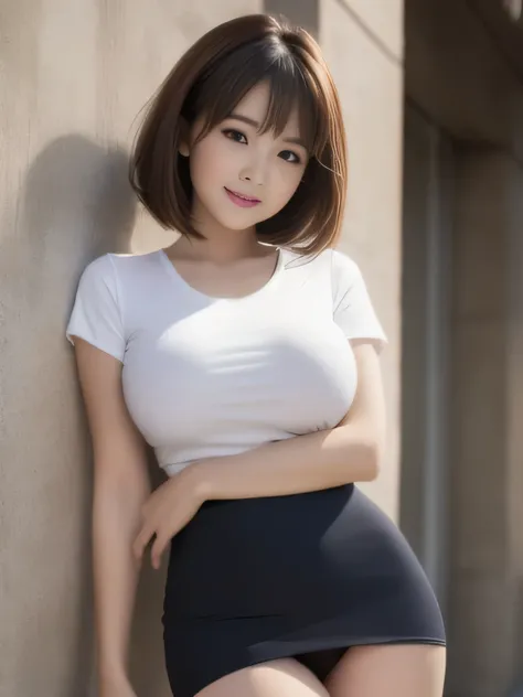 ((masterpiece))、((highest quality))、photograph、reality、High level image quality、Super detailed、married woman、30 generations、（plump body）、delicate features、short hair、Realistic background and accessories、big and full breasts、sexy smile、street corner、leaning...