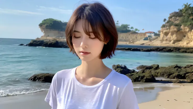 highest quality、超A high resolution、(Photoreal:1.4)、beautiful eyes、Super beautiful、very short hair、beautiful breasts、Lovers、T-shirt with rough chest、beauty soldier,Clean seaside、Close your eyes and do a meditation pose、Show whole body