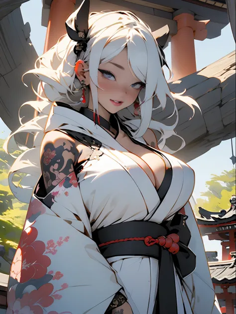 (masterpiece, top quality, best quality, official art, beautiful, cosmic, atmospheric, psychedelic, dreamlike, shinto shrine and aesthetic:1.2), (1girl, platinum white hair, beautuful highly detailed Harajuku-inspired hooded kimono, tons of tattoos and pie...