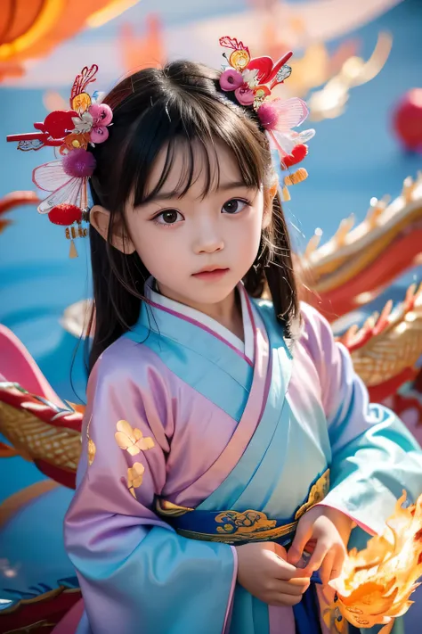 Children Photography，close up，A cute Chinese boy，5 years old， delicate face, Exquisite wheels，Surrounded by a giant colorful Chinese dragon、light magenta and light blue，Wearing gorgeous Hanfu，Dragon headdress，surrounded by flames