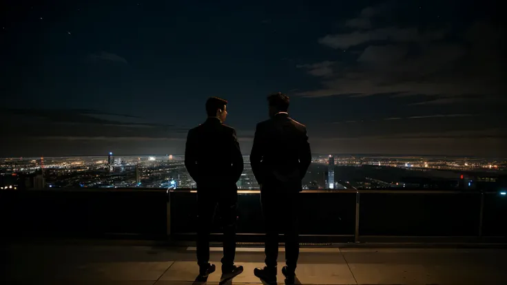 
Two men standing at night The background is a big city.