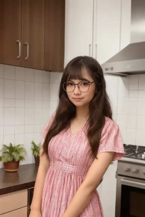 araf woman in red and white dress standing in kitchen, you can clearly see the cabinet behind it, larissa manobar, wear glasses，...