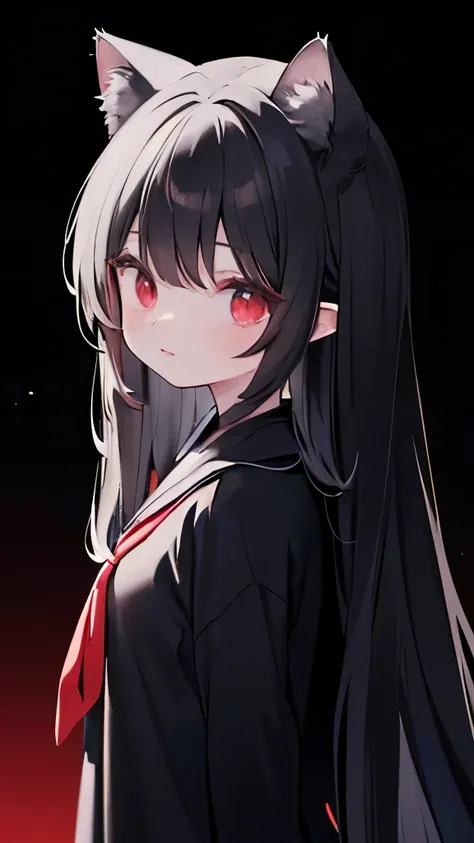 long black hair，Cat-eared girl，red eyes，behind the back，Look at the camera，dark background