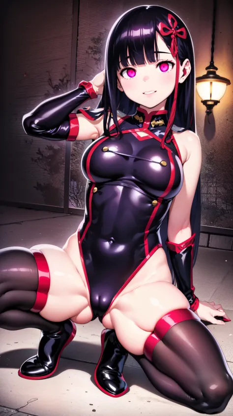 1 girl, NSFW, Yamashiro ren,(Mato Seihei no Slave), yamashiro768, clavicle, glowing red eyes,absurd, brainwashing,empty eyes, empty eyes, huge breasts,erasure of emotions, No expression,(black latex tight bodysuit),look away , 全身figure, ((squat,spread your...