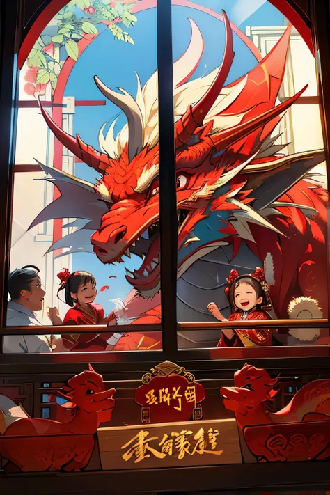 Red Dragon Chinese Window Decoration Traditional Culture Festive Happy New Year Dragon Window Decoration Family Reunion Group Members Happy Laughter