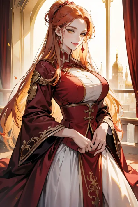 (absurd, high resolution), (panorama), a woman, mature, beautiful, tall,, exquisite, yellow eyes, pale red hair, wearing noble clothes, erotic clothes, red clothes, serene expression, solo character, smile, magical, use magic, sexy, elegant