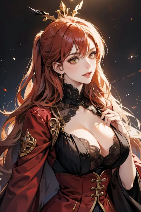 (absurd, high resolution), (panorama), a woman, mature, beautiful, tall,, exquisite, yellow eyes, red hair, wearing noble clothes, erotic clothes, black clothes, serene expression, solo character, smile, sexy, elegant