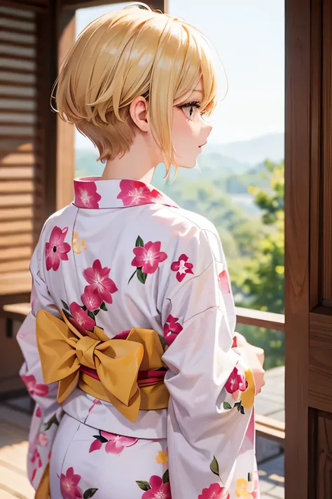 blonde、short hair、girl１、close up of face、Rear view、yukata