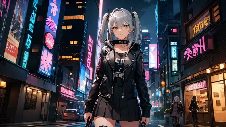 high quality、cyber punk、girl２people、mechanic、comical、anime style etc.、gray hair、bike、leather jacket、punk coloring、city、ナイトcity、s...