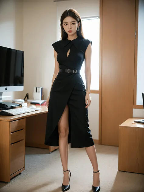 best quality,masterpiece,ultra high resolution,(actual:1.4),original photo,ultra high definition，8k，there is a woman，fashionable clothes,Work attire，high fashion，office，mature intellectuals，whole body