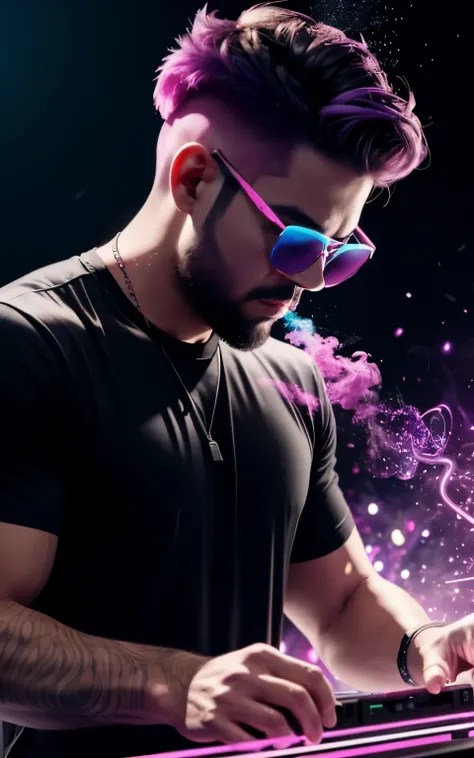  30 years old man DJ upper body in frame, black shirt in sunglasses with purple frames and rose-colored glass illuminated by colored lights photorealistic background bright colors Luminous neon pink and neon blue glitter dust background with pink and blue ...