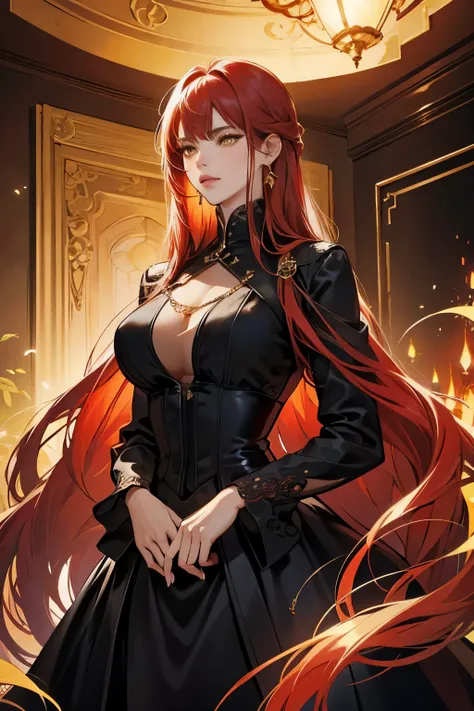 (absurd, high resolution), (panorama), a woman, mature, beautiful, tall, exquisite, yellow eyes, red hair, wearing noble clothes, erotic clothes, black clothes, black dress, serene expression, solo character,  sexy, elegant,