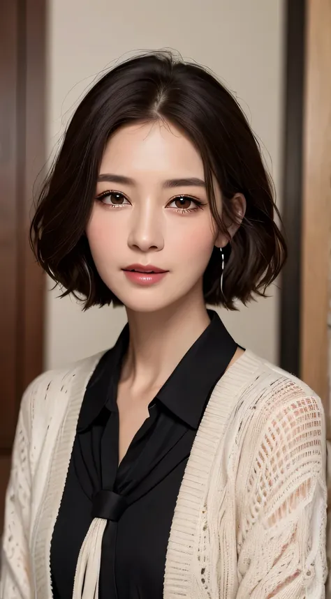 intense realism，（highest quality，4k，masterpiece：1.3），Beautiful woman，1 female、60 years old、Upper body、dark brown hair：1.1,super detailed face，lip details，detailed eye，double eyelid、big black eyes、laughter、short hair、winter、company employee、nature