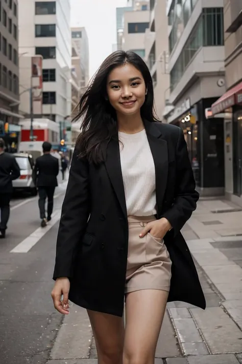 A 25-year-old Indonesian woman with a bright skin tone, smile and walks in a formal business suit and coat on a daylight in the urban setting. Captured with a Sony camera equipped with a 16-50mm lens at 8K resolution, showcasing her entire body.