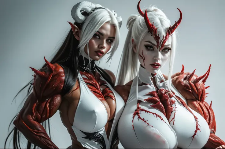 (carnage:1.5),(black and white demoness:1.5),(beautiful female model:1.5), (demoness with Large horns:1.25),(1 super muscular succubus with flayed skin:1.5), (covered in thick white muscle suit:1.5), (exposed perfect anatomy:1.5), high detail, best quality...