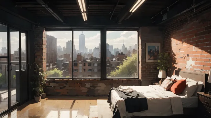 masterpiece, best quality, plain background、no characters、Industrial style apartment、red brick wall、plant、Floor-to-ceiling windows、The view outside the window is New York City、bedroom