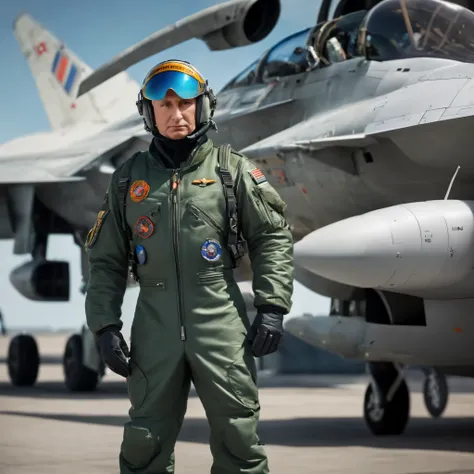 arafed fighter in green uniform standing in front of a fighter jet, military pilot clothing, focus on anti-g flight suit, techno...